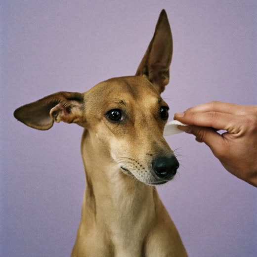 A dog's ear being gently cleaned with a cotton pad